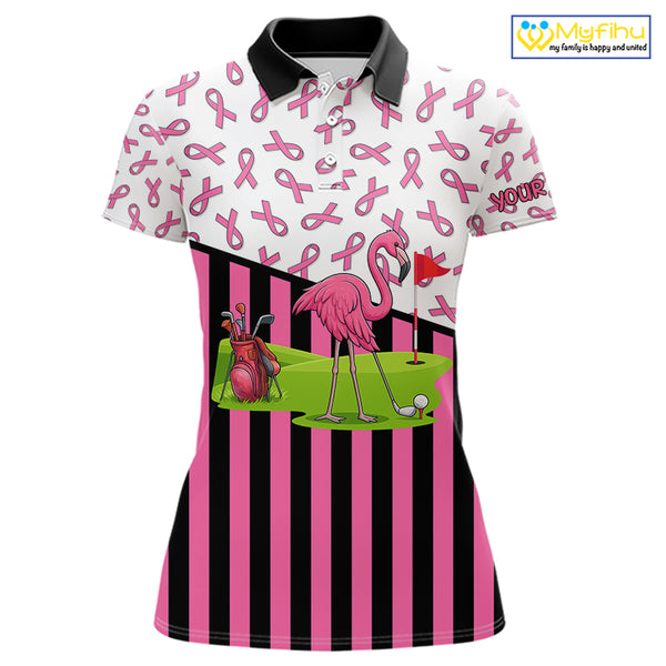 Pink ribbon pattern flamingo Women golf polo shirts Custom breast cancer awareness ladies golf outfit NQS10149