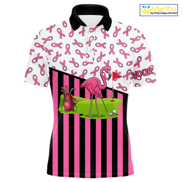 Pink ribbon pattern flamingo Men golf polo shirts Custom breast cancer awareness golf outfit for men NQS10149