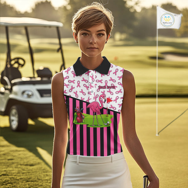Pink ribbon pattern flamingo Women sleeveless polo shirt Custom breast cancer awareness golf outfit NQS10149