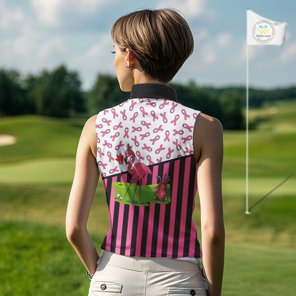 Pink ribbon pattern flamingo Women sleeveless polo shirt Custom breast cancer awareness golf outfit NQS10149