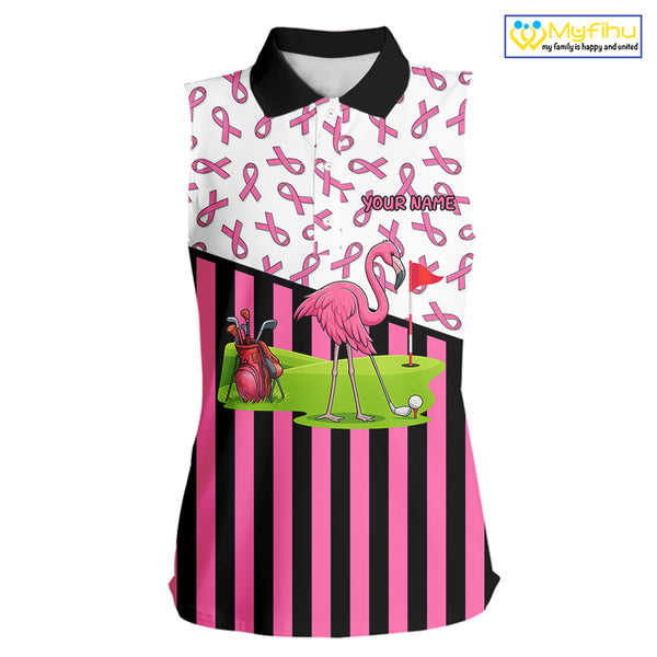 Pink ribbon pattern flamingo Women sleeveless polo shirt Custom breast cancer awareness golf outfit NQS10149