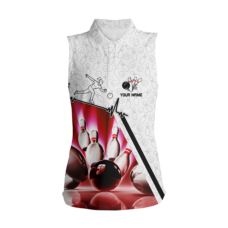 Personalized camo Bowling sleeveless polo Shirts For Women, Bowling Ball pins Custom Team Shirt | Pink NQS5970