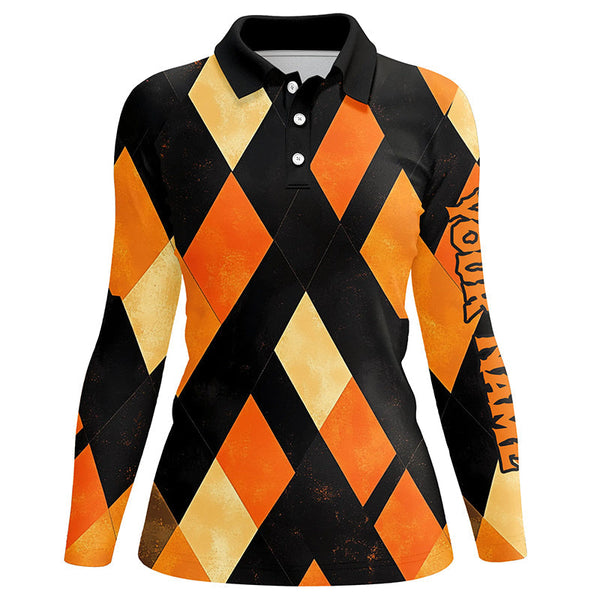 Black and orange argyle pattern Women golf polo shirts custom ladies halloween golf shirt NQS8290