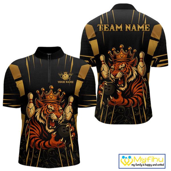 Personalized Black and Gold Tiger Bowling Shirt For Mens Custom Team bowling jerseys, gift for Bowler NQS10474