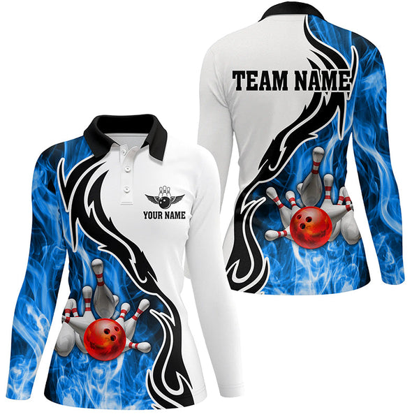 Women bowling polo shirt Custom bowling ball pins strike team league jersey, bowl gifts | Blue NQS6404