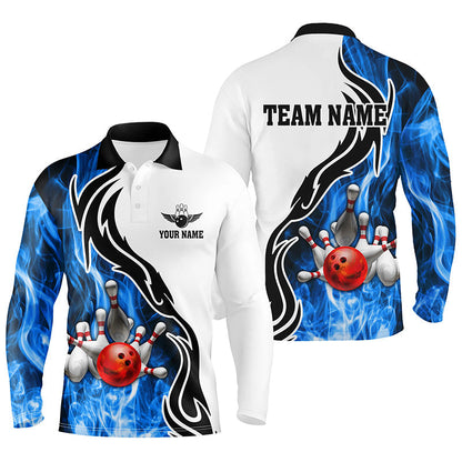 Mens polo bowling shirt Custom bowling ball pins strike team league jersey, bowl gifts | Blue NQS6404