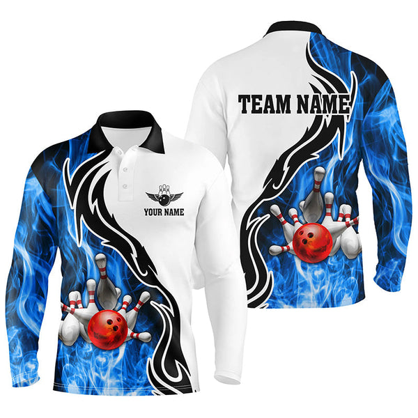 Mens polo bowling shirt Custom bowling ball pins strike team league jersey, bowl gifts | Blue NQS6404