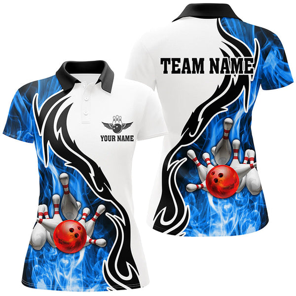 Women bowling polo shirt Custom bowling ball pins strike team league jersey, bowl gifts | Blue NQS6404