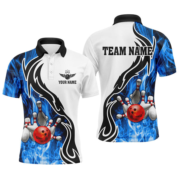 Mens polo bowling shirt Custom bowling ball pins strike team league jersey, bowl gifts | Blue NQS6404