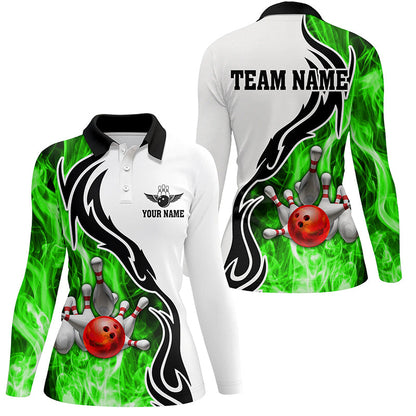 Women bowling polo shirt Custom bowling ball pins strike team league jersey, bowl gifts | Green NQS6405