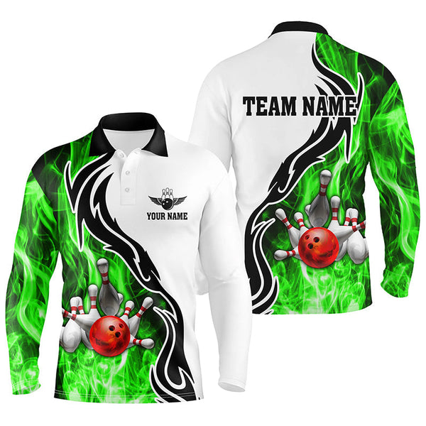Mens polo bowling shirt Custom bowling ball pins strike team league jersey, bowl gifts | Green NQS6405