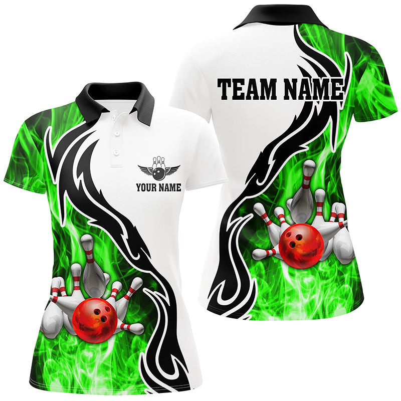 Women bowling polo shirt Custom bowling ball pins strike team league jersey, bowl gifts | Green NQS6405