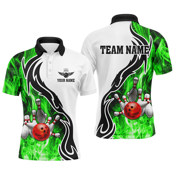 Mens polo bowling shirt Custom bowling ball pins strike team league jersey, bowl gifts | Green NQS6405