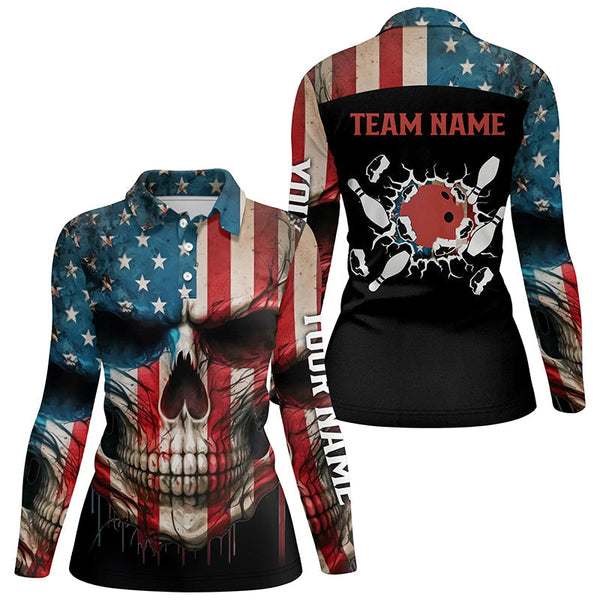 Personalized Skull Bowling Shirt for women Custom Team's Name American Flag Bowler Jersey Polo Shirt NQS6408