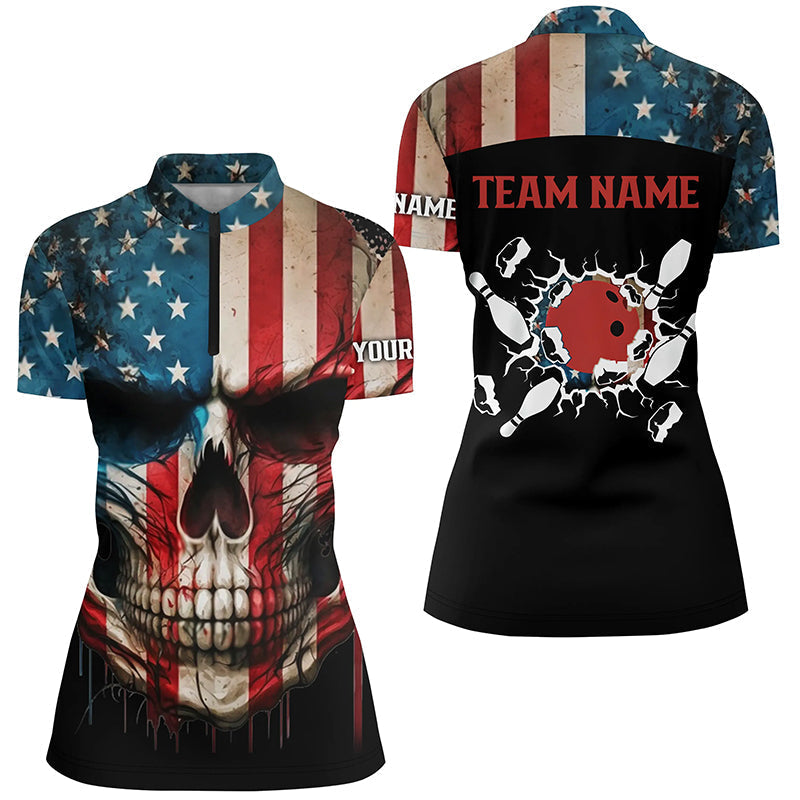 Personalized Skull Bowling Shirt for women Custom Team's Name American Flag Bowler Jersey Quarter Zip NQS6408
