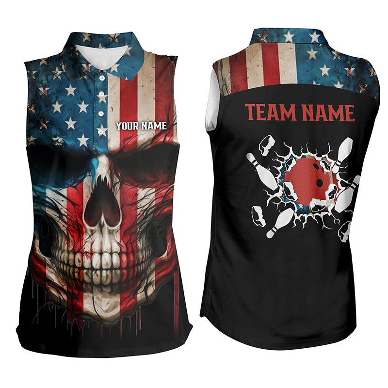 Personalized Skull Bowling sleeveless polo Shirt for women Custom Team American Flag Bowler Jersey NQS6408