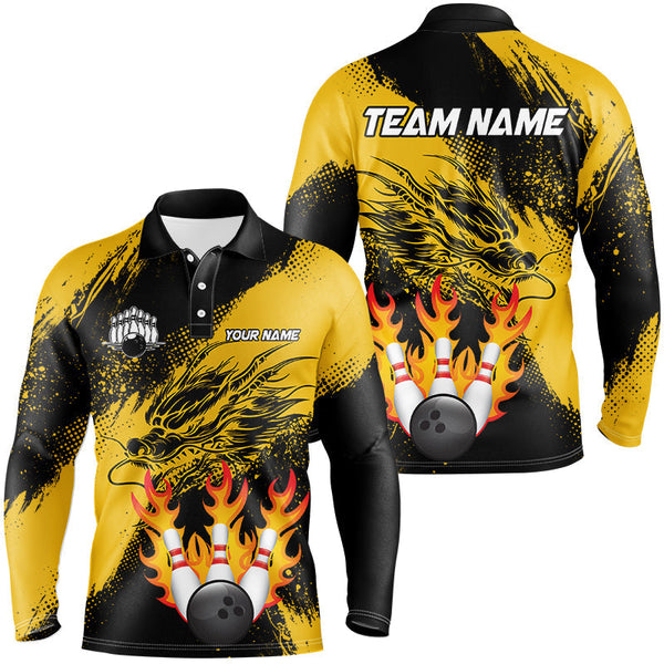 Black And Gold Custom Flame Dragon Bowling Shirts For Men, Dragon Retro Bowling Team Shirts NQS8505