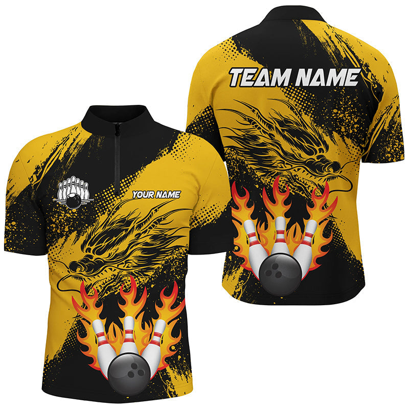 Black And Gold Custom Flame Dragon Bowling Shirts For Men, Dragon Retro Bowling Team Shirts NQS8505