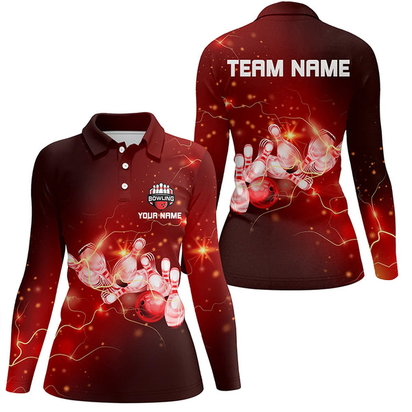 Womens Bowling Polo Shirts Custom Red flashes of lightning thunder bowling team Ladies bowler Jerseys NQS6637