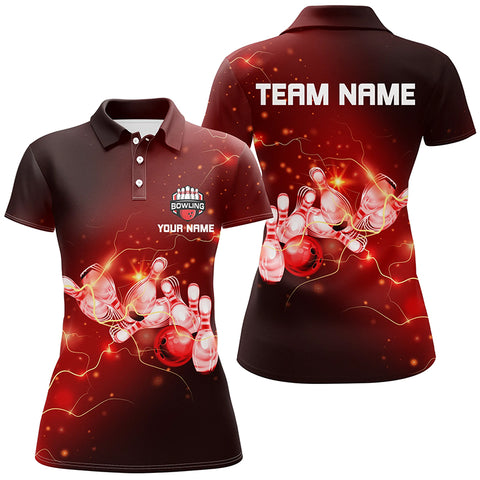 Womens Bowling Polo Shirts Custom Red flashes of lightning thunder bowling team Ladies bowler Jerseys NQS6637