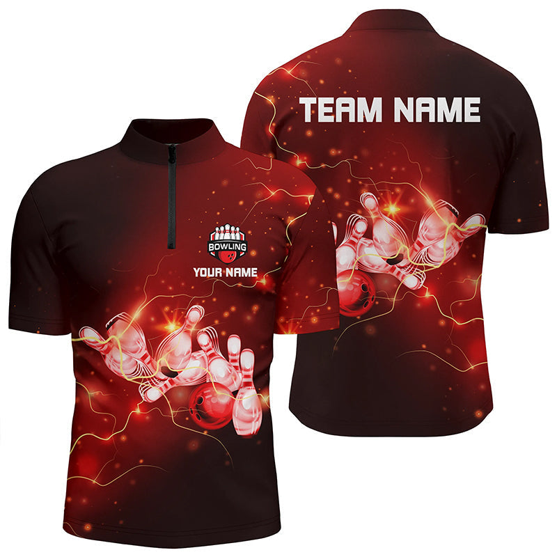 Mens Bowling Quarter-Zip Shirts Custom Red flashes of lightning thunder bowling team Mens Jerseys NQS6637