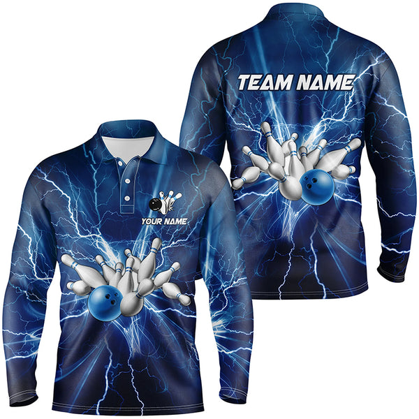 Mens polo bowling shirts Custom blue lightning thunder Bowling Team Jersey, gift for team Bowlers NQS6638