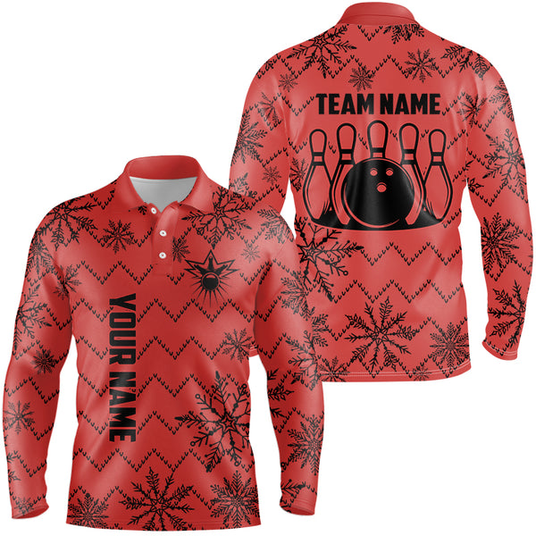 Red Ugly Christmas snowflake pattern Men Bowling Polo, 1/4 zip shirts Custom Xmas Team Bowling Jersey NQS8972