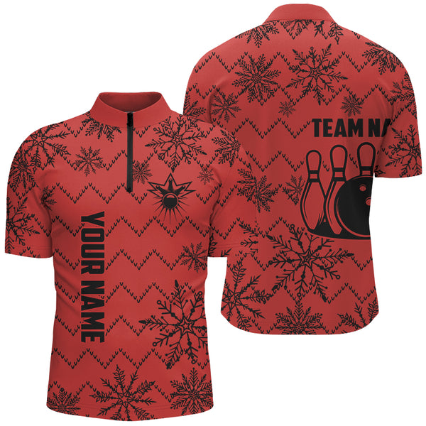 Red Ugly Christmas snowflake pattern Men Bowling Polo, 1/4 zip shirts Custom Xmas Team Bowling Jersey NQS8972