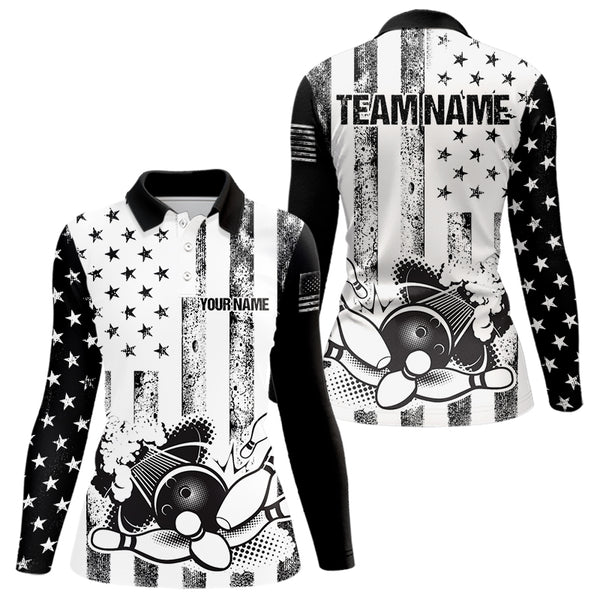 Personalized Black & White American Flag Retro Bowling shirt for Women, Patriotic Bowling Team Jersey NQS9567