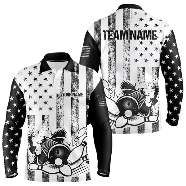 Personalized Black and White American Flag Retro Bowling shirts for Men, Patriotic Bowling Team Jersey NQS9567