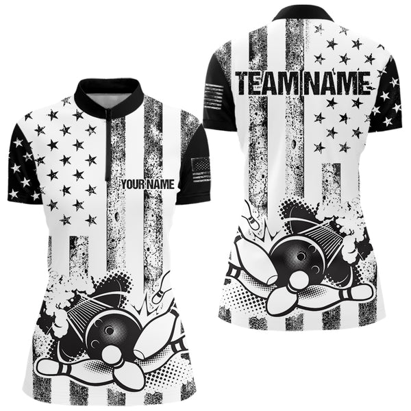 Personalized Black & White American Flag Retro Bowling shirt for Women, Patriotic Bowling Team Jersey NQS9567