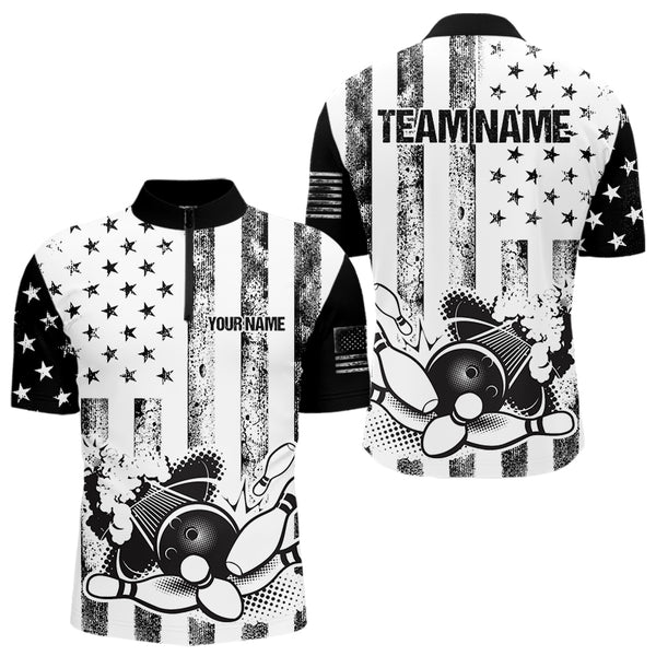 Personalized Black and White American Flag Retro Bowling shirts for Men, Patriotic Bowling Team Jersey NQS9567