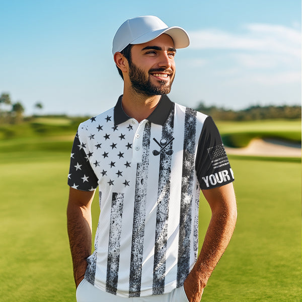 Personalized Black & White American Flag Retro Men golf polo shirts Custom Patriotic golf top for men NQS9568
