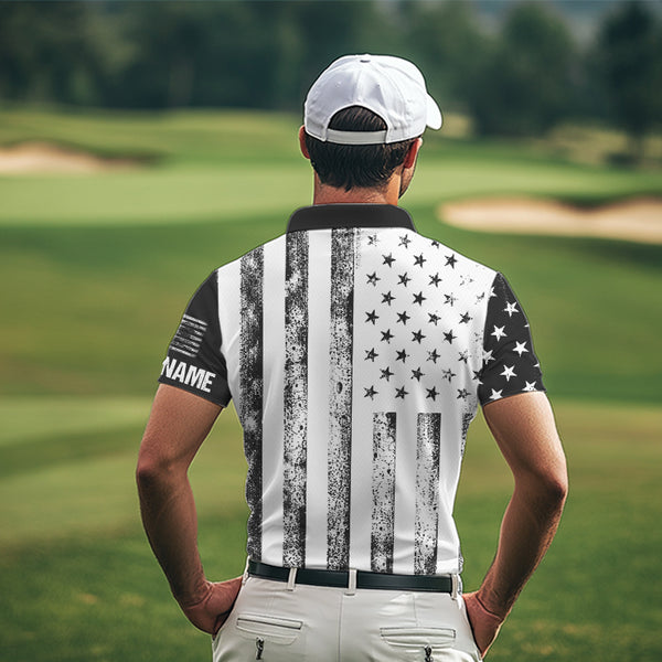 Personalized Black & White American Flag Retro Men golf polo shirts Custom Patriotic golf top for men NQS9568