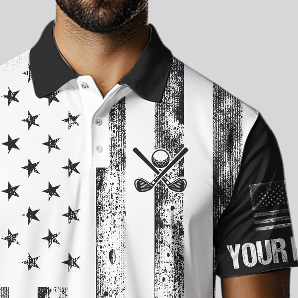 Personalized Black & White American Flag Retro Men golf polo shirts Custom Patriotic golf top for men NQS9568