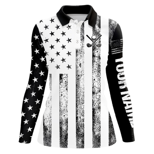 Personalized Black & White American Flag Retro Women golf polo shirts Custom Patriotic ladies golf top NQS9568