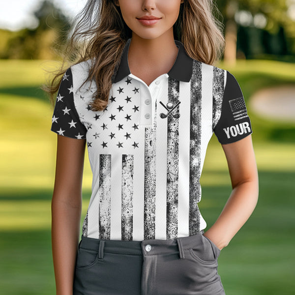 Personalized Black & White American Flag Retro Women golf polo shirts Custom Patriotic ladies golf top NQS9568