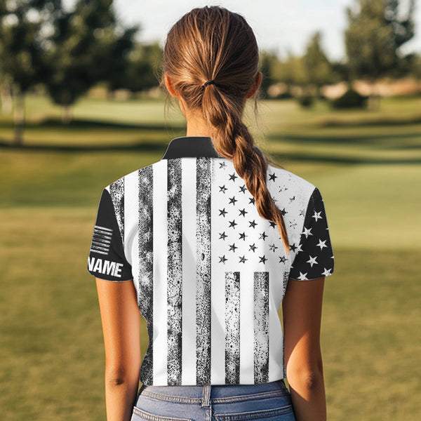 Personalized Black & White American Flag Retro Women golf polo shirts Custom Patriotic ladies golf top NQS9568
