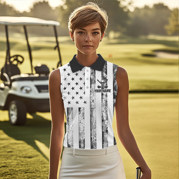 Personalized Black & White American Flag Retro Women sleeveless polo shirt Patriotic laies golf top NQS9568