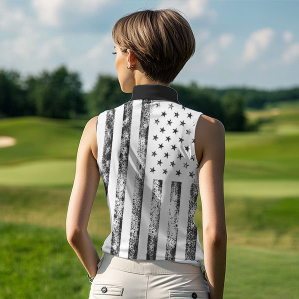Personalized Black & White American Flag Retro Women sleeveless polo shirt Patriotic laies golf top NQS9568
