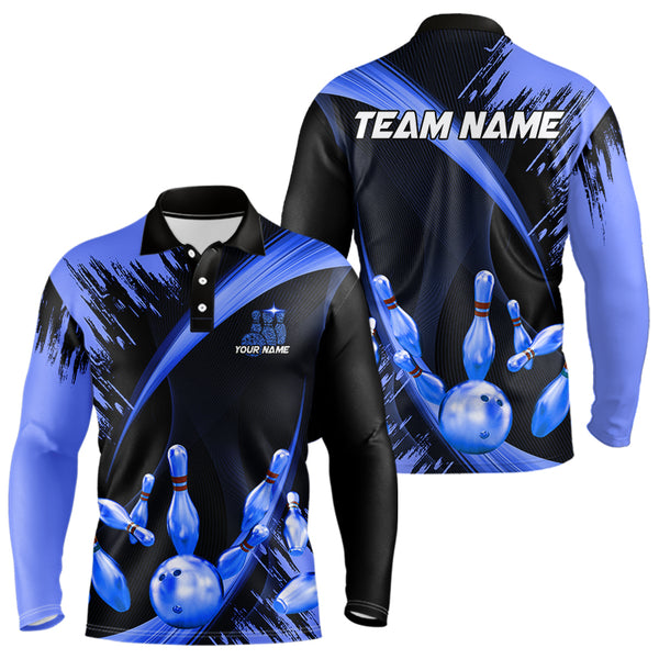 Personalized Black and Blue Bowling Polo, Quarter Zip Shirts For Mens Custom Bowling Team Jersey NQS9723
