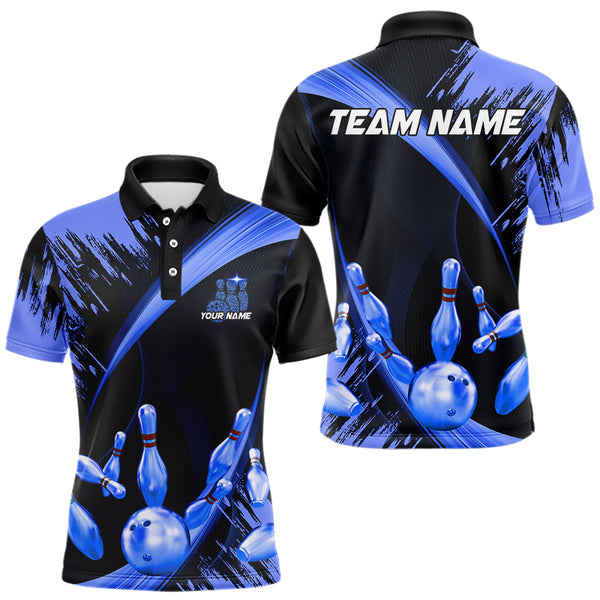Personalized Black and Blue Bowling Polo, Quarter Zip Shirts For Mens Custom Bowling Team Jersey NQS9723