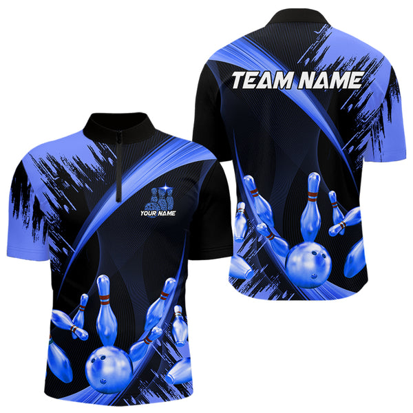 Personalized Black and Blue Bowling Polo, Quarter Zip Shirts For Mens Custom Bowling Team Jersey NQS9723