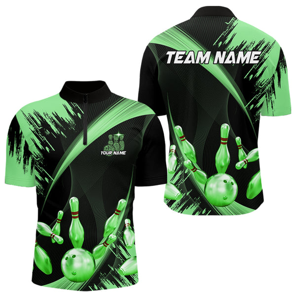Personalized Black and Green Bowling Polo, Quarter Zip Shirts For Mens Custom Bowling Team Jersey NQS9724