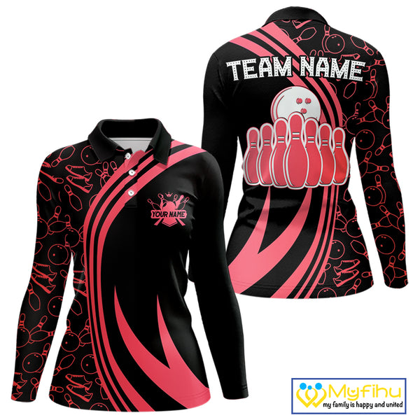 Black Women bowling shirts Custom Red neon team league bowling jerseys, gifts for bowlers NQS9983
