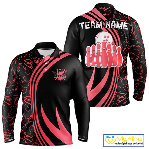 Black Mens bowling shirts Custom Red neon team league bowling jerseys, gifts for bowlers NQS9983