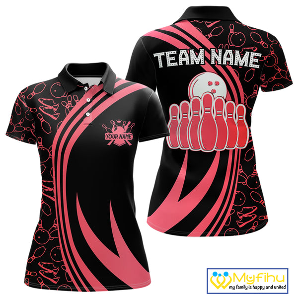 Black Women bowling shirts Custom Red neon team league bowling jerseys, gifts for bowlers NQS9983