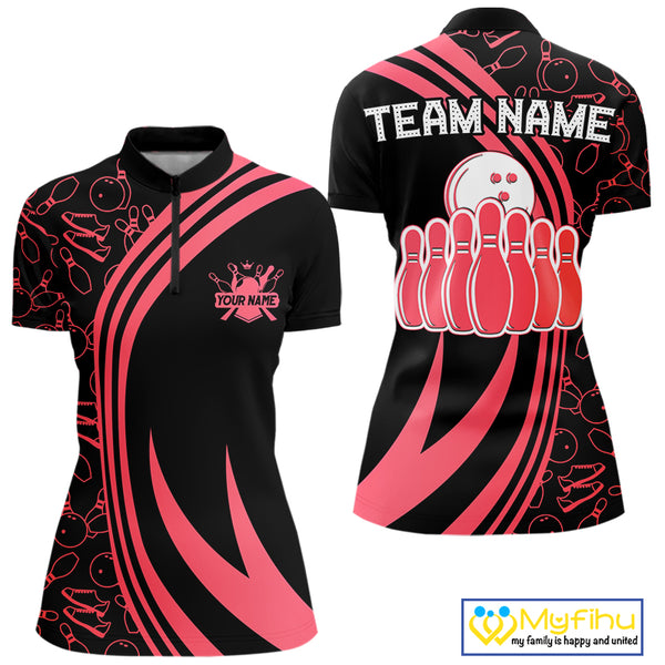 Black Women bowling shirts Custom Red neon team league bowling jerseys, gifts for bowlers NQS9983