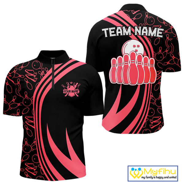 Black Mens bowling shirts Custom Red neon team league bowling jerseys, gifts for bowlers NQS9983