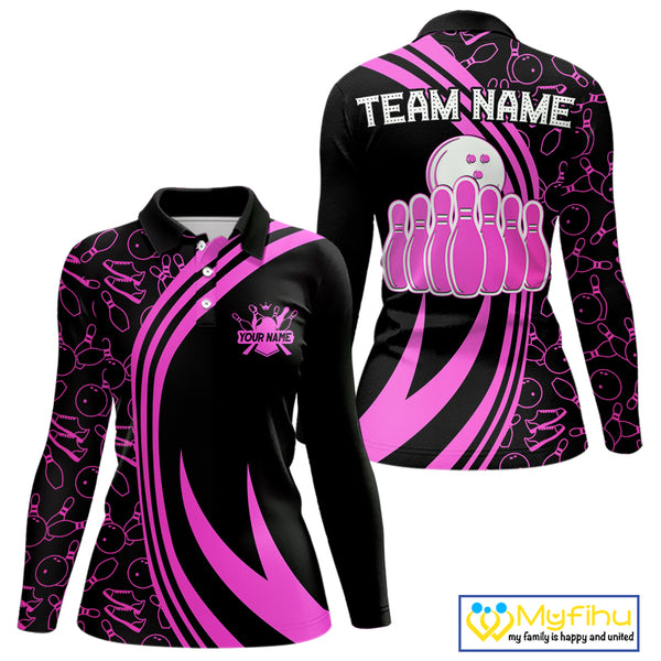 Black Women bowling shirts Custom Pink neon team league bowling jerseys, gifts for bowlers NQS9984